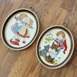 2 Vtg Boy & Framed Cottage Rustic‎ Petite Point Needlepoint Embroidery Wall